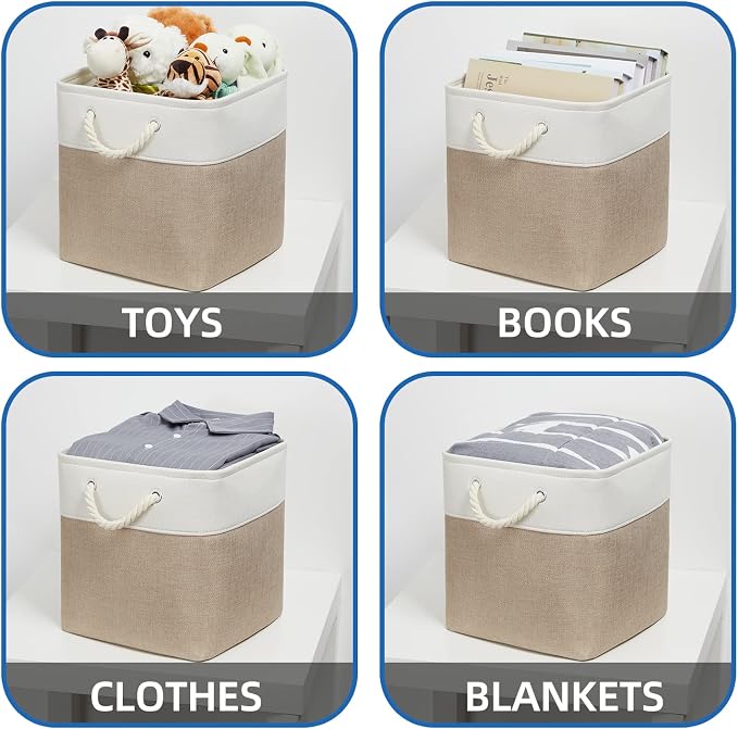 Temary Cube Storage Baskets 4 Pack 13x13 Fabric Cube Storage Bins for Clothes, Large Baskets Boxes with Handles, Canvas Basket for Organizing Towels, Collapsible Storage Bins (White&&Khaki)