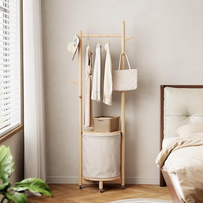 CycleCrew Solid Wood Coat Rack with Fabric Basket - Freestanding Coat Rack Rolling Coat Tree with 9 Hooks Wheels, Small Clothes Rack For Entryway Bedroom Hallway Living Room