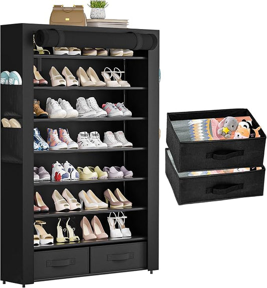 OYREL Shoe Rack Storage Cabinet with Dustproof Cover Two Boxes | 32 Pairs Tall Shoe Organizer Shelf for Closet Large Free Standing Shoe Rack Vertical Shoe Holder Stand