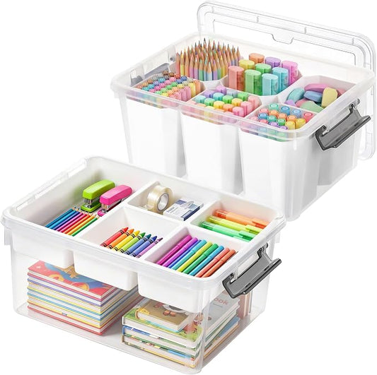Citylife 17QT 2Packs Clear Craft Organizers and Storage Bins with Lids | Stackable Art Supply Organizer with Tray and 6 Inserts for Markers, Crayons, Pencils, Tools, Playdoh, Coloring Books