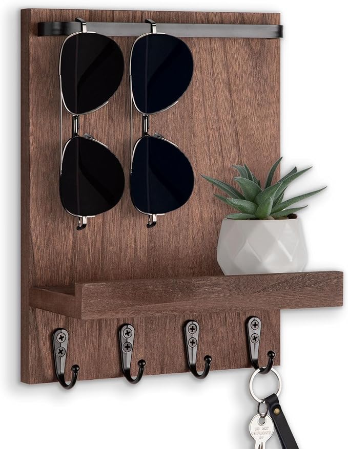 Key Holder Wall Mount, Key Holder for Wall with 4 Hooks, Farmhouse Key Hanger Holds Dog Leash, Sunglasses, Decorative Mail Organizer Home Decor (Brown)