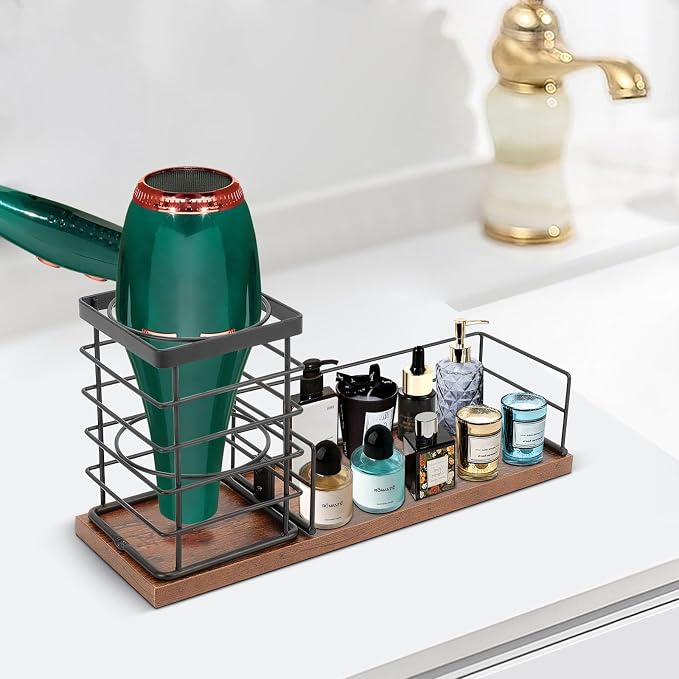 Hair Tool Organizer, Movable Hair Dryer Holder, Hair Styling Tools Storage for Vanity, Bath Counter Organizer, Bathroom Trays for Hair Toiletry, Makeup (12" x 3.7" x 5.8", Wood-Black)