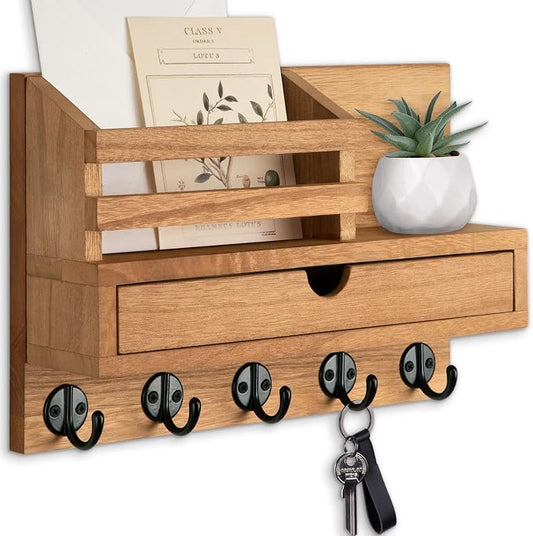 Key Holder Wall Mount, Mail Holder with Storage Drawer and 5 Key Hooks for Coat, Dog Leash, Home Decor Rack, House Accessories, Entry Way Organizer (Wood)