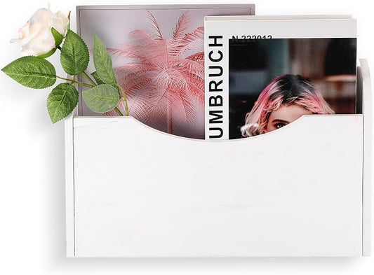 Suzile Wall Mounted File Holder Wood Magazine Holder Wall Hanging File Organizer for Office Mail Magazine Letter Paper Folder Organization (Pure White)