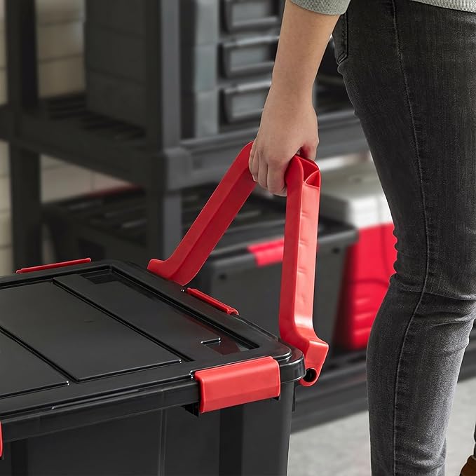 IRIS USA 3-Pack 106 Qt Storage Bins with Gasket Lids, Black/Red | WeatherPro seal helps protect bulky items for moving, garage, attic and basement storage