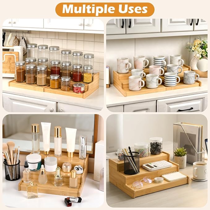Artcochan 2 Pack 3 Tier Expandable Bamboo Can Rack Organizer for Pantry，Adjustable Pantry Organizers Holds Up to 24 Soda Cans,Canned Food Storage for Kitchen Cabinet Countertop