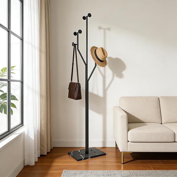 JIAYUEJU Freestanding Coat Rack Coat tree for Entryway Bedroom (Black) | Tree-shaped, Easy Assembly, Space Saver, Heavy Duty, Metal Frame, Marble Base, 8 Hooks, Living Room, Office, Corner