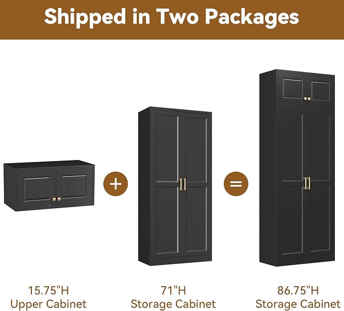 Polup 86" Tall Metal Kitchen Pantry Storage Cabinet with Doors and Shelves | Heavy-Duty Black Cabinet, 4 Adjustable Shelving, Gold Handles, Magnetic Latch, for Dining Living Room, Bathroom & Garage