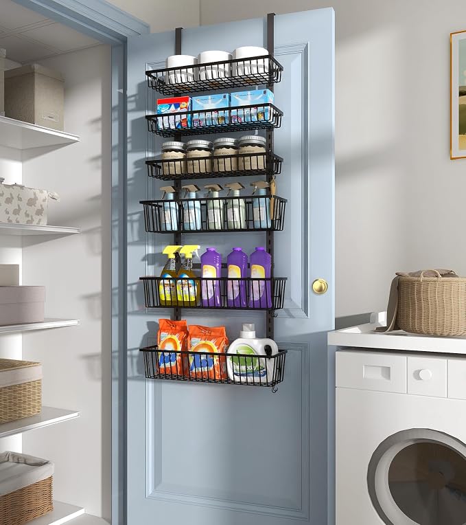 Mefirt Over The Door Pantry Organizer, 6-Tier Black Deep Baskets | Pantry Hanging Organizers and Storage, Adjustable Heavy-Duty Metal for Home & Kitchen, Back of Door Seasoning Rack
