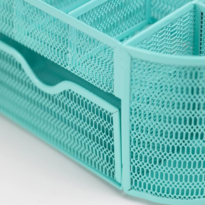 BLU MONACO Aqua Desk Organizer | Metal Stationery Holder With Drawer and Eight Compartments | Desktop Storage for Home Office or Study Space | 4.3”D x 9.3”W x 4”H Workspace Organizer