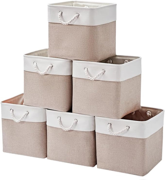 13 Inch 6 Pack Foldable Fabric Storage Basket with Handles | Home Cube Storage Basket,Large Cube Storage Bins,Closet Storage, Home Organizer(White&Beige)