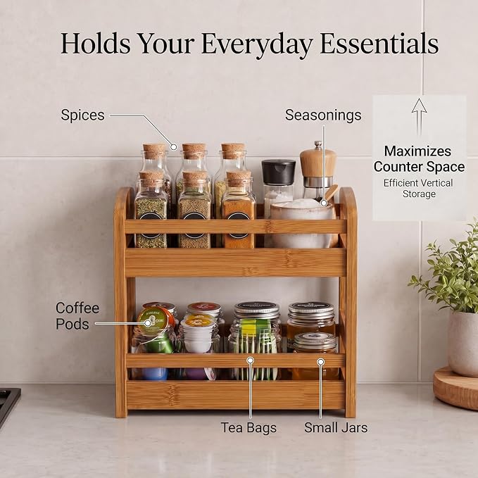 Briful 2 Tier Bamboo Spice Rack Organizer for Countertop Small Kitchen Shelf for Spices Coffee Bar Pantry & Cabinet Organization, Brown