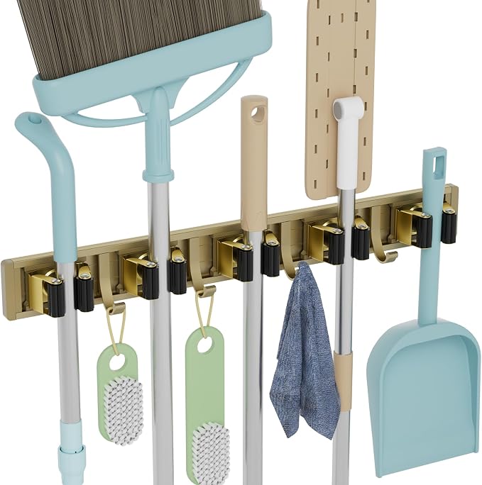 reliahom Broom Holder Wall Mount Mop Hanger Tools organizer 5Racks 4Hooks | Adjustable Mop Broom Wall Hanging Heavy duty Tools Storage Rack Space-saving for Garage,Kitchen,Laundry Room,Garden, Bronze