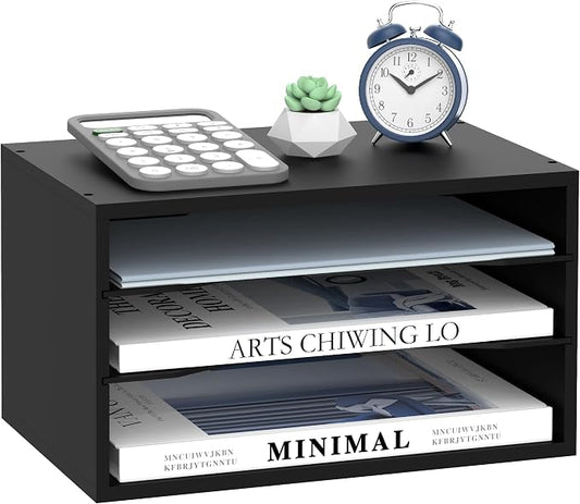 3 Tier Wood Desk Organizer, Mail Sorter and Paper Organizer for Desk, Black | Wooden Desktop Organizer for Sorting Papers, Letters and Mails, Literature Organizer for Home Office, Classroom Organization