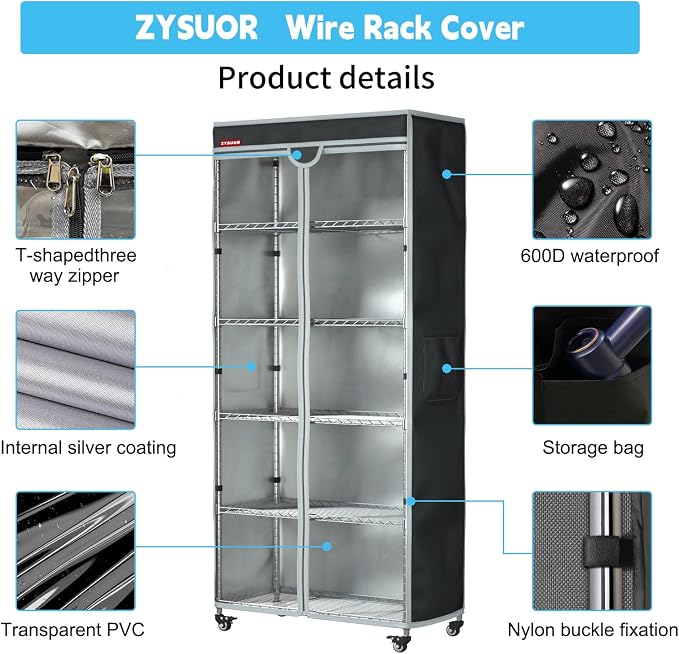 Wire Rack Cover, Fits 42"x19"x72" Metal Shelving | Waterproof Dustproof Cover for Wire Shelf & Clothes Rack, Clear PVC Front & T-Zipper (No Shelves,Black)