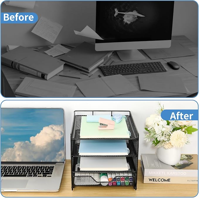 OPNICE Desk Organizer, 4-Tier Desktop File Organizer with Drawer, Office Desk Accessories, File Sorters, Workspace Organizers for Office Supplies(Black Upgraded)