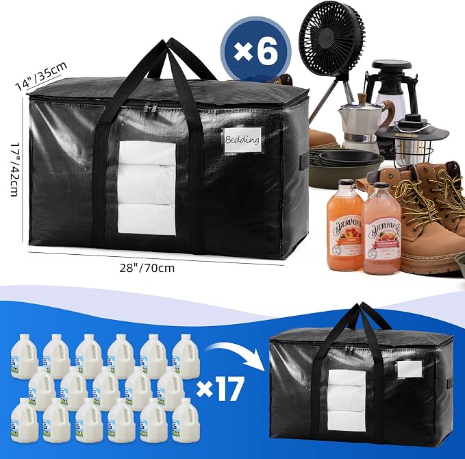 TAILI Extra Large Moving Bags, 6 Pack Black Heavy Duty Totes For Storage with Visible Window, Wrap Around Handles, Storage Bags for Space Saving, Alternative to Moving Boxes