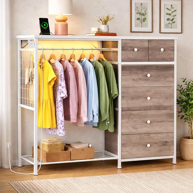 Simple Deluxe Storage Clothes Rack with 6 Drawers, Charging Station & LED Lights, Fabric Chest Shelves Clothing Rack, Wooden Portable Wardrobe Closet, 49.2" W x 15.7" D x 47.2" H, Brown