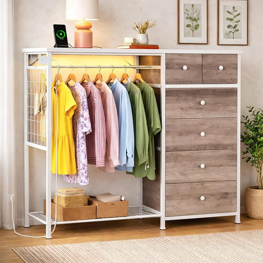 Simple Deluxe Storage Clothes Rack with 6 Drawers, Charging Station & LED Lights, Fabric Chest Shelves Clothing Rack, Wooden Portable Wardrobe Closet, 49.2" W x 15.7" D x 47.2" H, Brown