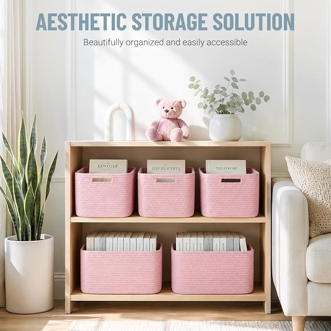 5 Pack Woven Storage Baskets for Shelves Organizing, Decorative Cotton Rope Organization Storage Bins for Toy, Book, Towel, Clothes, Closet, Nursery, Bathroom & Home Decor, Pink