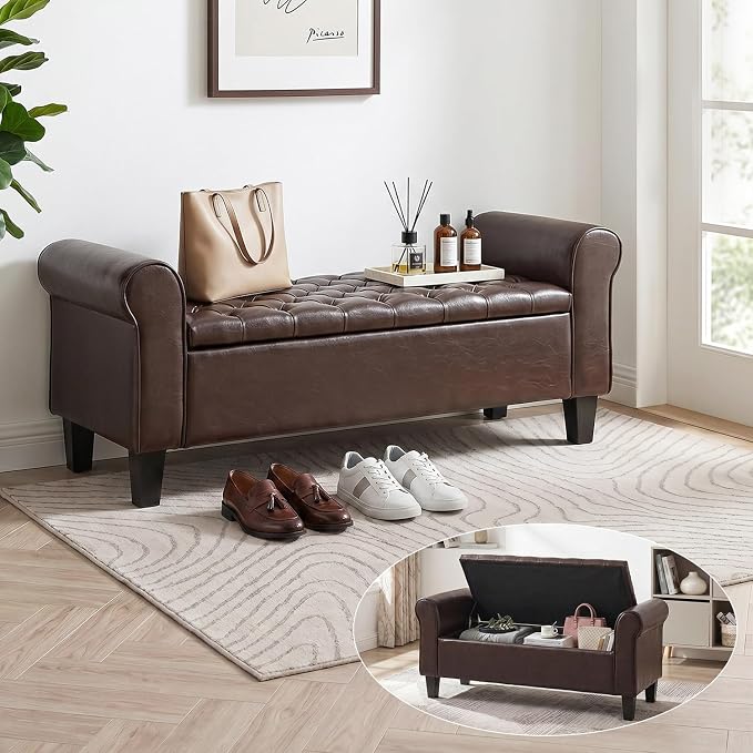 55" Storage Ottoman Bench for Living Room, End of Bed Bench with Rolled Arm Leather Ottoman with Storage Upholstered Entryway Bench Retro Style Footboard Bench for Bedroom, Brown