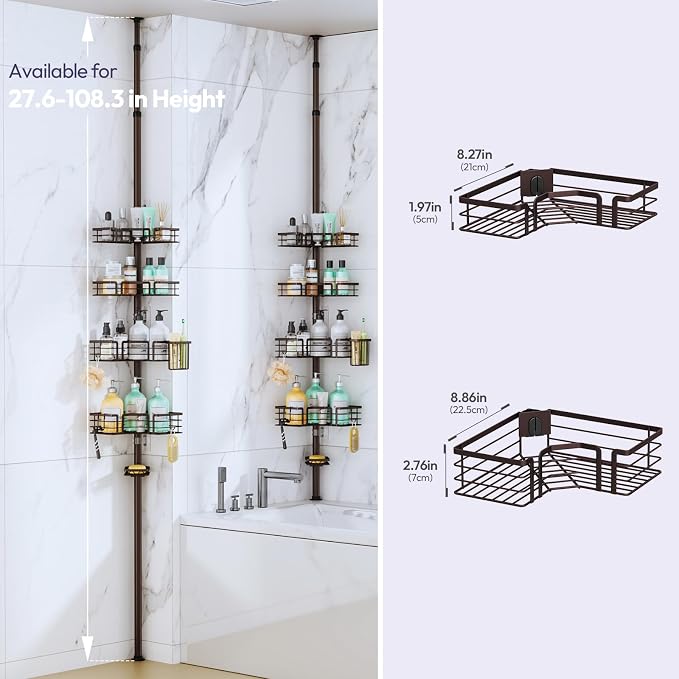 SWTYMIKI Shower Caddy Tension Pole - 4-Tier Corner Shower Organizer Tension Rod with Soap Holder, Toothbrush Holder & 4 Hooks, Adjustable Stainless Steel Bathroom Organizer 27.6 to 108.3 inch, Bronze