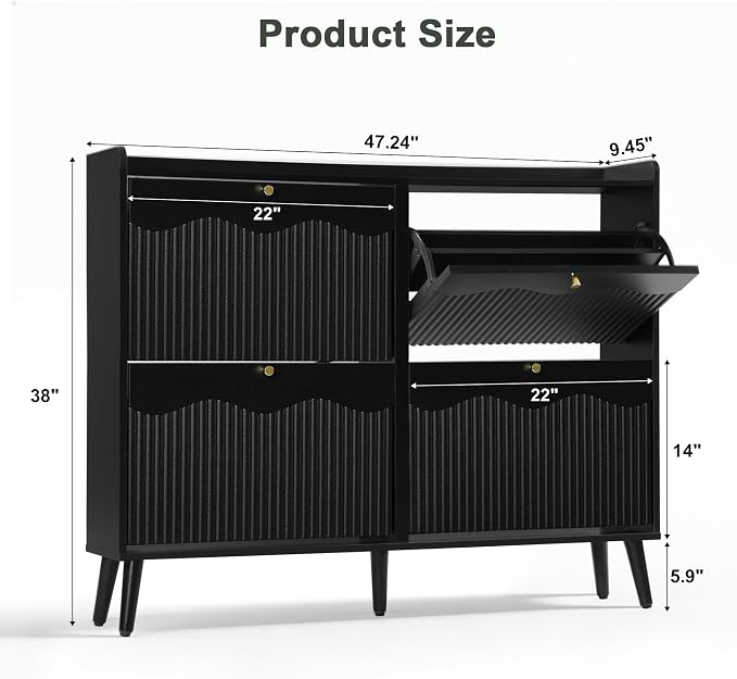 BERRYMERRY Black 47.2” Shoe Storage Cabinet with 4 Flip Drawers | narrow,entryway,adjustable feet,32 pairs shoe,shoe organize,hidden shoe rack,fluted panel,wave pattern,wood,space saving