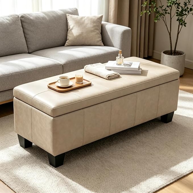 41.5 Inch Light Gray Faux Leather Storage Ottoman Bench for Small Spaces | 2.8 cu ft storage capacity,660 lbs weight limit,solid wood legs,fits modern nordic home decor
