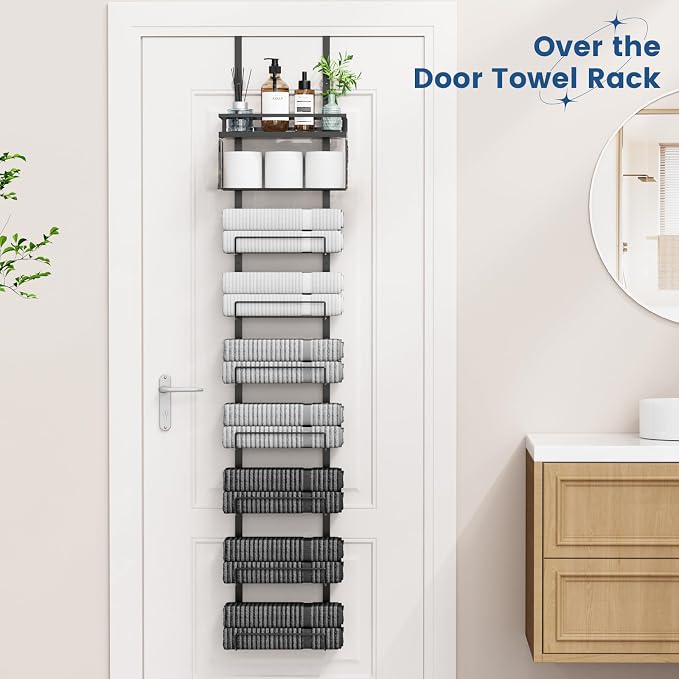 Aetyord Towel Racks for Bathroom Over The Door Towel Racks Towel Storage Organizer with Metal Shelf Basket for Bathroom Rv Camper (9-Tier Black)