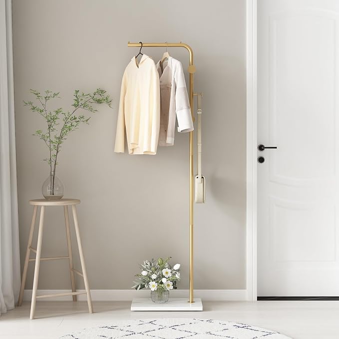 TIEOU Gold Coat Racks, Metal Coat Racks Freestanding with Crossbar and 3 Hooks, Modern Coat Hanger with Marble Base, L Shaped Coat Stand for Entryway, Bedroom, Living Room, Office