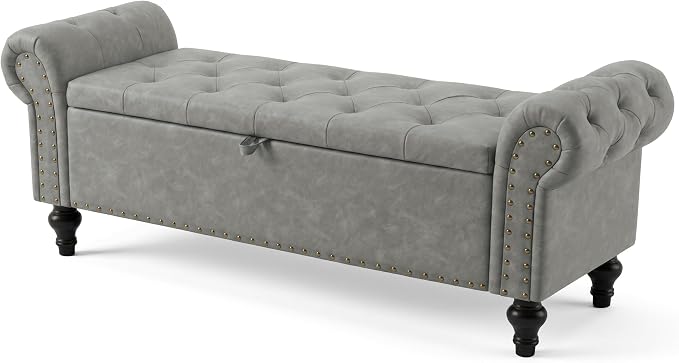 51" Storage Bench for Bedroom, Upholstered Ottoman Bench, Leather LightGray | End of Bed Bench for Bedroom, Window Benches for Living Room, Entryway, Ottoman with Large Storage Space, Pet Friendly