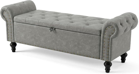 51" Storage Bench for Bedroom, Upholstered Ottoman Bench, Leather LightGray | End of Bed Bench for Bedroom, Window Benches for Living Room, Entryway, Ottoman with Large Storage Space, Pet Friendly