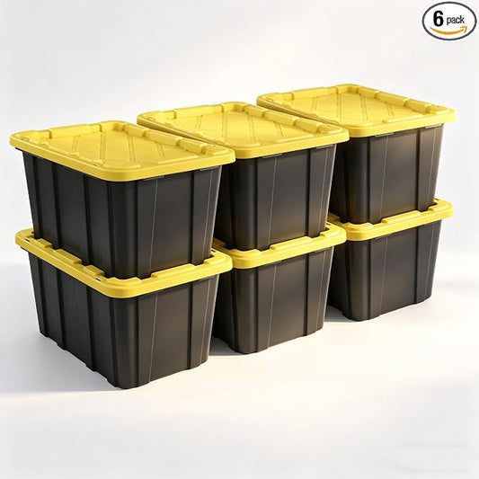 6 Pack, Large 27 Gallon Durable Plastic Storage Bin with Snap-On Lid, Storage Bin for Home Garage Organization, Black and Yellow