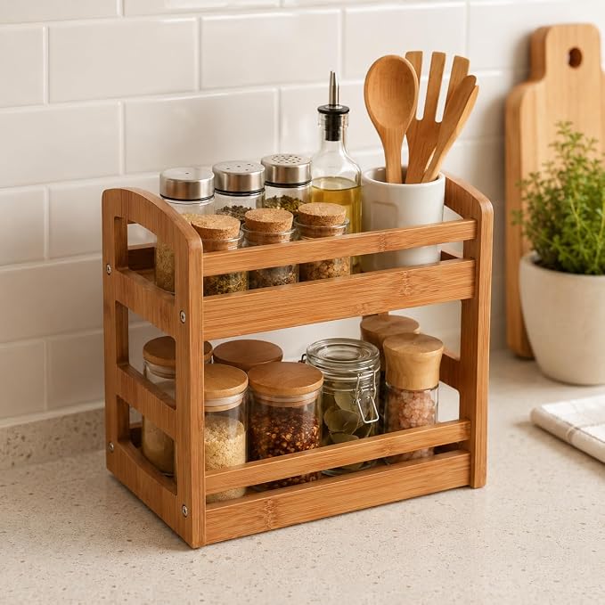 Briful 2 Tier Bamboo Spice Rack Organizer for Countertop Small Kitchen Shelf for Spices Coffee Bar Pantry & Cabinet Organization, Brown