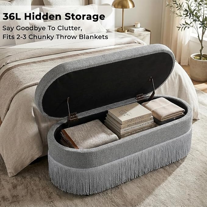 39.4“Storage Ottoman Bench with Tassels, Oval End of Bed Bench for Bedroom | Modern Ottoman with Storage,Linen Upholstered Entryway Foot Rest, Lift-Top Lid with Safety Hinge, Living Room, Grey