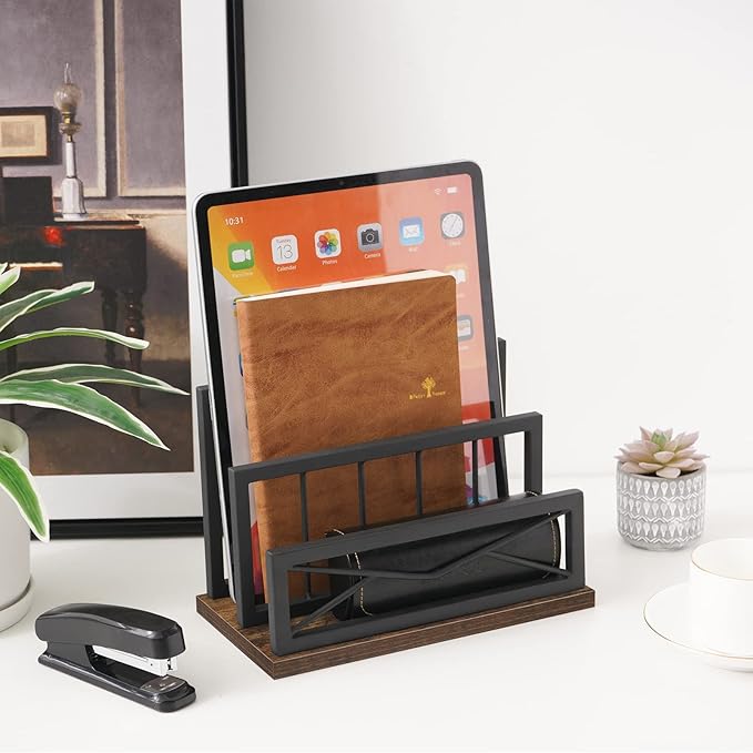 Snughome Desktop Mail Organizer, Desk Mail Organizer with 2-Slot Matte Black Metal Desktop Mail Sorter, Metal Storage File Holder Letter Sorter Organizer for Home or Office, Rustic Brown