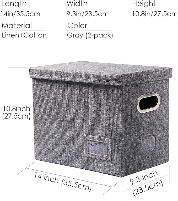 File Organizer Box - Set of 2 Collapsible Decorative Linen Filing Storage Hanging File Folders with Lids Office Cabinet Letter Size Grey (14x9.3x10.8 inch)