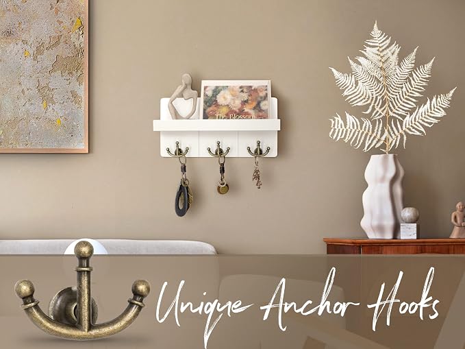 Rebee Vision Key Holder Wall Mount with 3 Anchor Hooks for Entryway, White | Key Holder for Wall, Floating Shelf, Plant Display, Mail Organizer, Retro Key Hanger, Decorative Storage, Elegant Home Accent