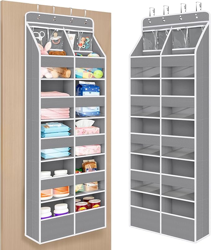 Univivi Upgraded Over the Door Organizer for Baby Nursery, Grey, 6-Shelf | Fabric Door Organizer with Clear Window Deep Pockets, Over Door Hanging Organizer for Baby Essential, Bedroom, and Dorm