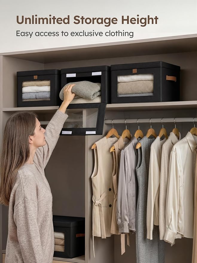 Homsorout Medium Fabric Storage Bins - Closet Shelf Organizer with Open Window, 3 Pack Closet Baskets for Shelves, Stackable Decorative Boxes for Home, Dorm, Black, 13.7" x 9.8” x 9.8"