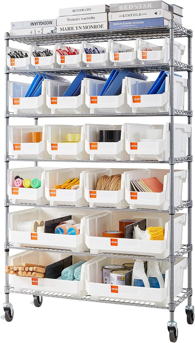 VEVOR 7-Tier Rolling Bin Storage Rack, 22 Organizer Bins, Bin Rack Storage Steel Wire Shelving System with Wheels, Mobile Tool Organizer for Garage, Warehouse, Office, Restaurant, Classroom, Kitchen
