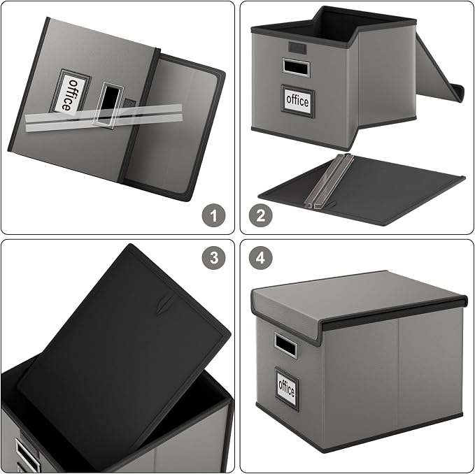 File Organizer Box with Lids, Collapsible File Folder Organizer | File Box with Plastic Slides for Document, Filing Bin for Letter Size Hanging File Folders (2 Pack, Dark Gray, Leather)
