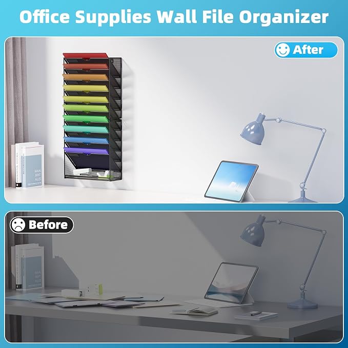 Marbrasse Wall File Holder 11-Tier Hanging Wall File Organizer, for Papers, Files Clipboard & Magazine Organizer, Wall Mount File Holder Great for Office Home (Black)