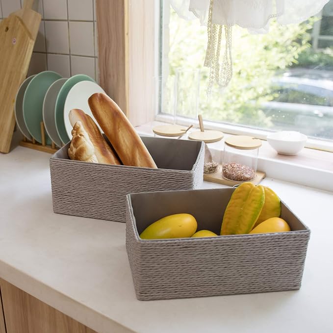 LA JOLIE MUSE Bathroom Basket Organizers, Paper Rope Storage, Grey 4 Pack | Stackable, Sturdy Lined Woven Basket, Organizer for Toilet Paper, Laundry Room Essentials, Shelves and Nightstand Drawers