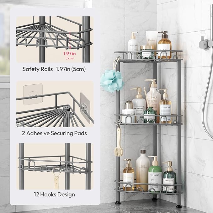 SWTYMIKI Standing Shower Caddy Corner - 3‑Tier Stainless Steel Shower Organizer Shelf with 12 Hooks and Adhesive Pads, Rustproof Corner Shelves Stand Rack for Bathroom Shower Room, Gray