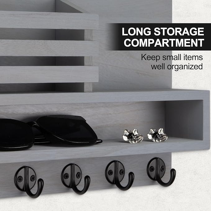 Key and Mail Holder Wall Mount, Key Hanger with Long Storage Box and Key Hooks for Coat, Dog Leash, Home Decor Rack, House Accessories, Entry Way Organizer