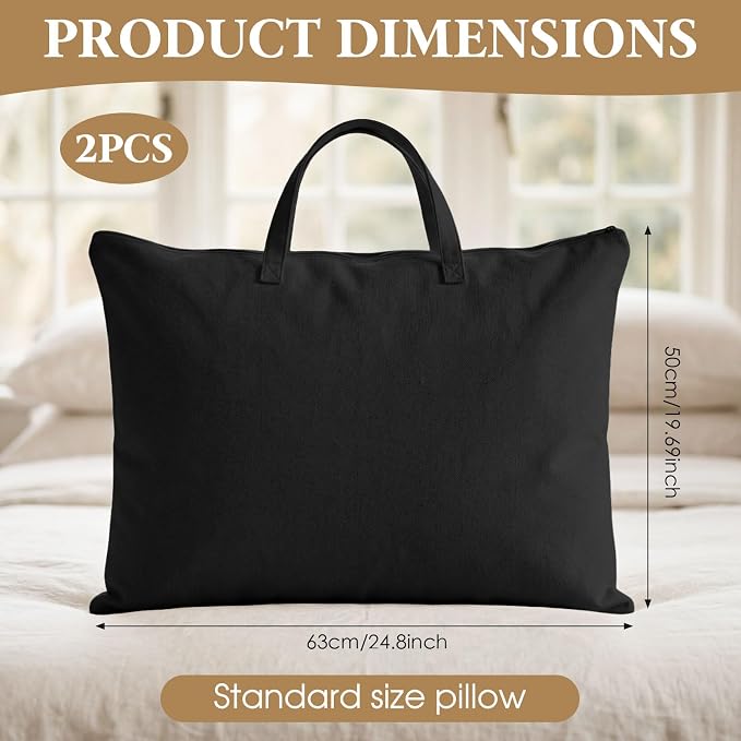 2 Pack Travel Pillow and Blanket Bags, 100% Cotton Canvas Pillow Storage Bag with Handles, Heavy Duty Breathable Organizer for Bedding Linens, Pillow Bag for Traveling(2,Black,20"x26")