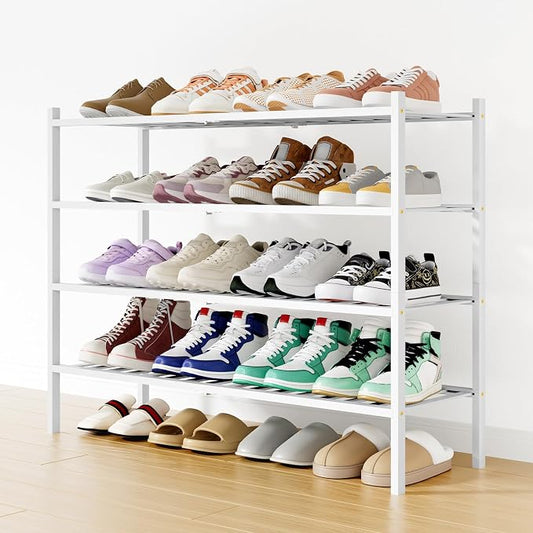 Smiry Bamboo Shoe Rack, 12 Vertical Slats, 4 Tier - 33.7" Wide, White | Stackable Free Standing Wooden Shoe Organizer, Wood Shoe Storage Shelf for Closet, Entryway