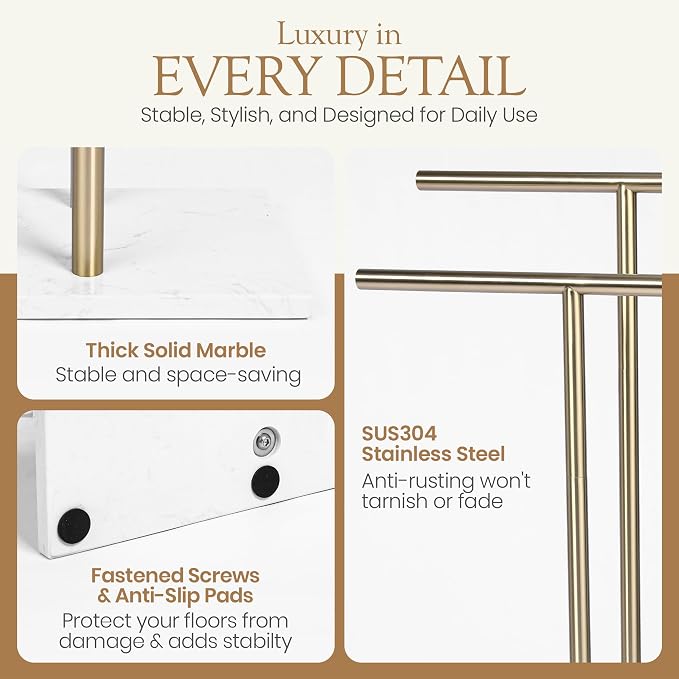 Free Standing Towel Rack for Bathroom - Satin Gold Finish - Stand Alone 2 Tier Stainless Steel Towel Rack for Bathroom Floor with Heavy Marble Base, Double T Shape Drying Stand for Towels