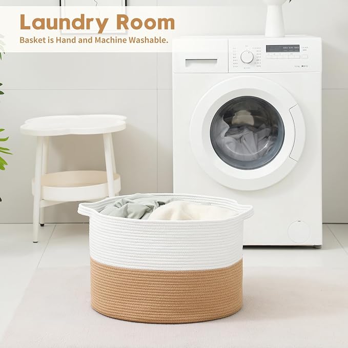 Foldable Laundry Hamper Basket with Collapsible Handle Cotton Rope Soft Woven Fabric Storage Organizer Clothes Toys Nursery Bedroom Dorm Space Saving Bin (White & Camel, 115L(23.6"D x 15.7"H))